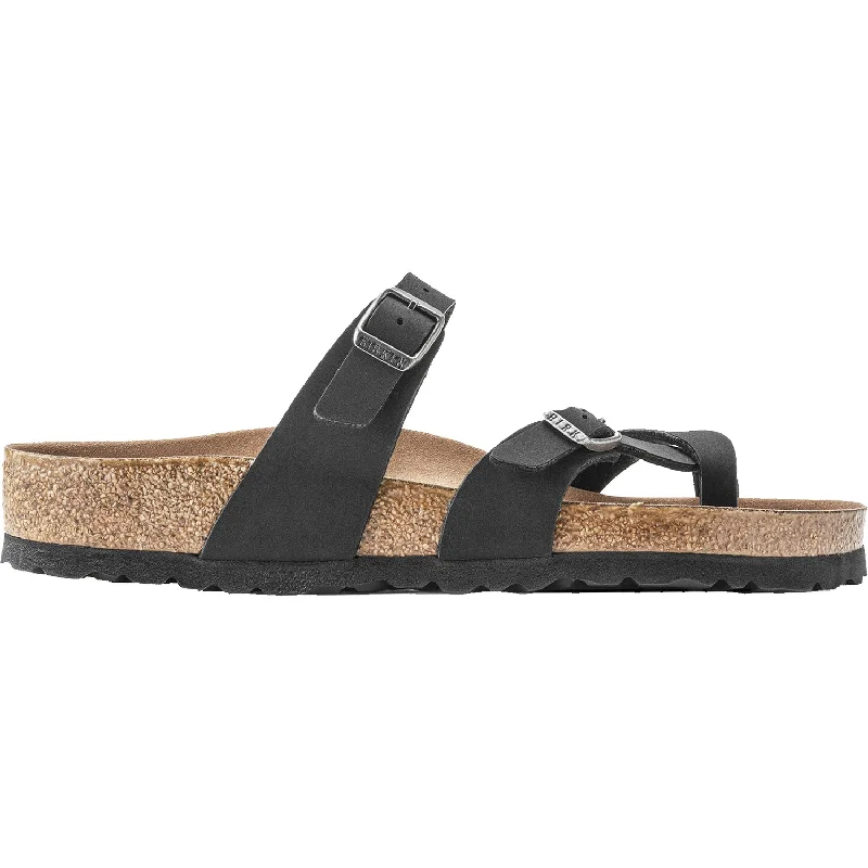 Men's sandals with a perforated leather upper for ventilationWomen's Birkenstock Mayari Vegan Black Birkibuc