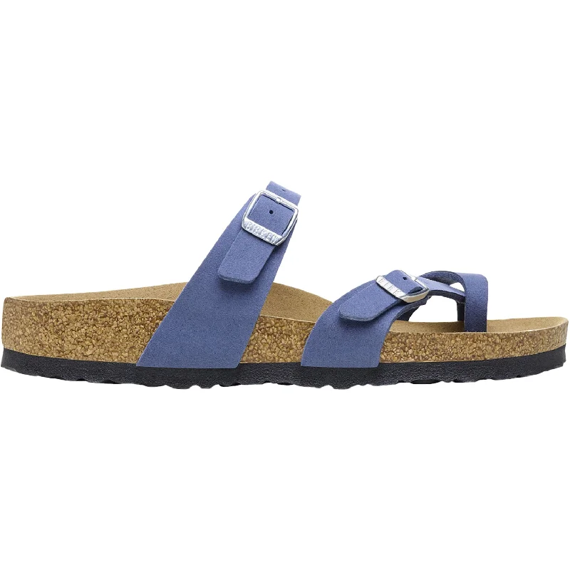 Men's sandals in a neutral color like black or brownWomen's Birkenstock Mayari Vegan Silky Elemental Blue Birkibuc