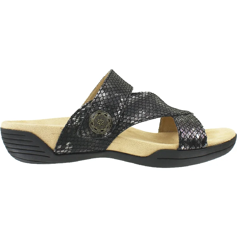 Men's sandals with a decorative buckle or charmWomen's Halsa Desiree Black/Silver Multi Metallic Reptile Leather