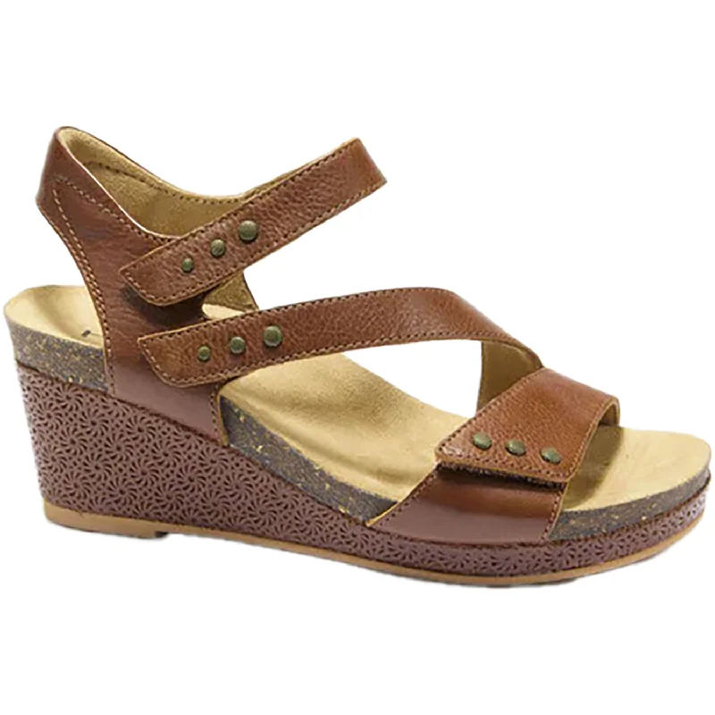 Men's sandals with a perforated leather upper for ventilationWomen's Halsa Giselle Cognac Leather with Embossed Wedge