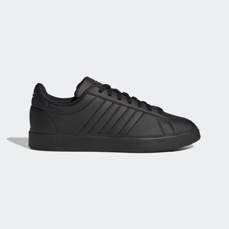 Men's black canvas sneakers with a red soleADIDAS MEN'S GRAND COURT TRIPLE BLACK SNEAKER SHOES