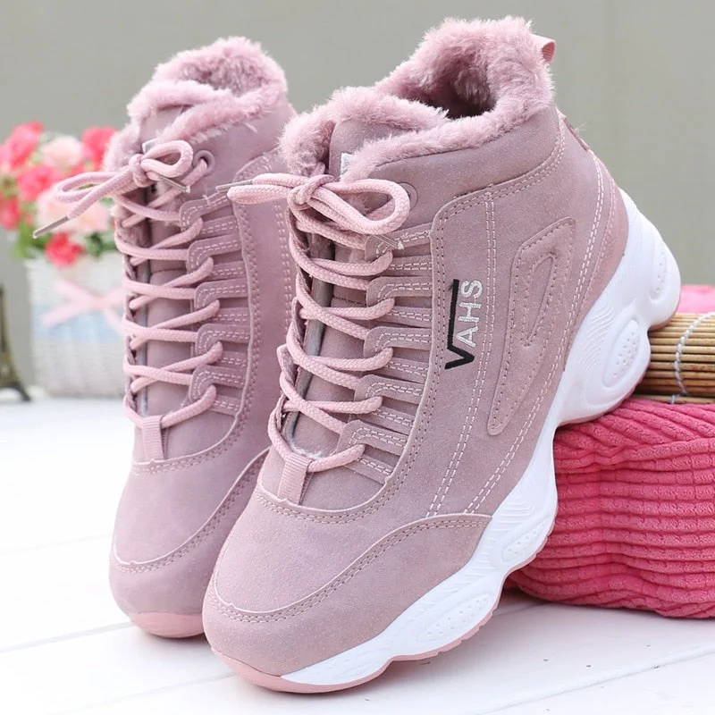 Men's camo - print sneakers for an edgy styleHILYAA New Sneakers Woman Winter Ankle Vulcanized shoes Warm Thick Plush Suede Female PU Leather Outdoor Sneakers  Fur Women