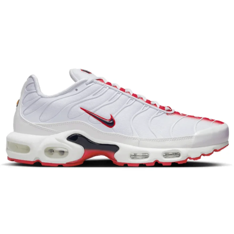 Men's skateboarding sneakers with a vulcanized soleMen’s Nike AirMax Plus TN 'White/Midnight Navy’ (BloodShot)