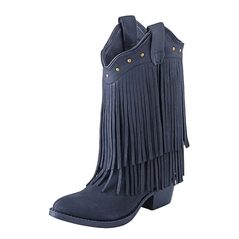 Men's western boots with a leather - wrapped heel and a smooth finishYouth - 8126 Leather Fringe Black