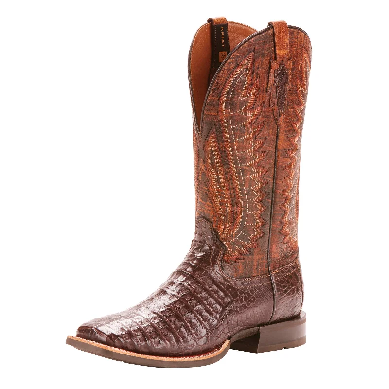 Men's western boots with a rubber sole for traction on various surfacesAriat Double Down Caiman Gator Belly Square Toe Boots (Pecan)