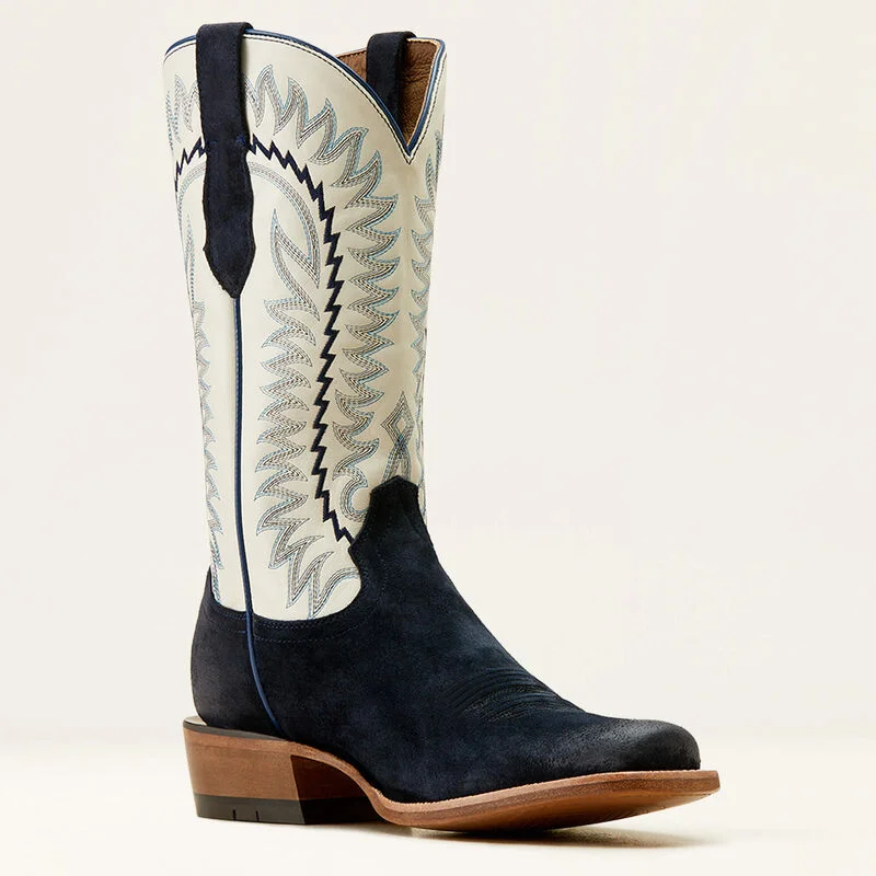 Men's western boots with a scalloped edge and a pull - on strapAriat Men's Futurity Time Western Boot in Polo Blue Roughout/ Blanco