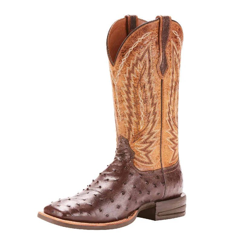 Men's western boots with a decorative inlay on the toe and heelAriat Relentless Platinum Full Quill Ostrich Boots (Chocolate)