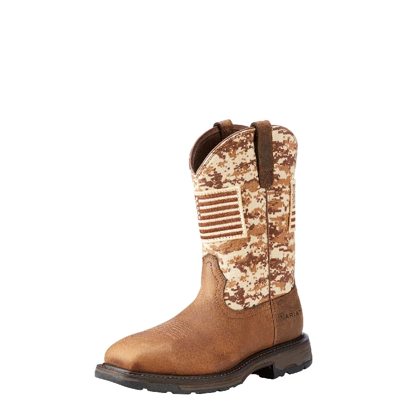 Men's western boots with a scalloped edge and a pull - on strapAriat WorkHog Patriot Work Boot (Sand)