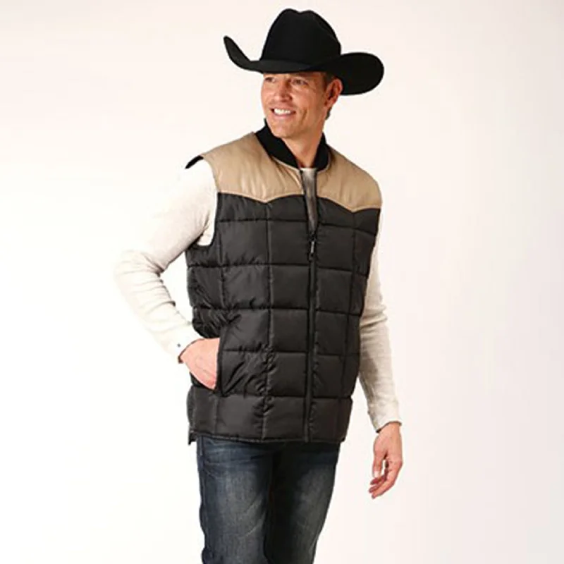 Men's western boots with a concho - studded strap and a pointed toeRoper Men's Black & Tan Yoke Poly Vest