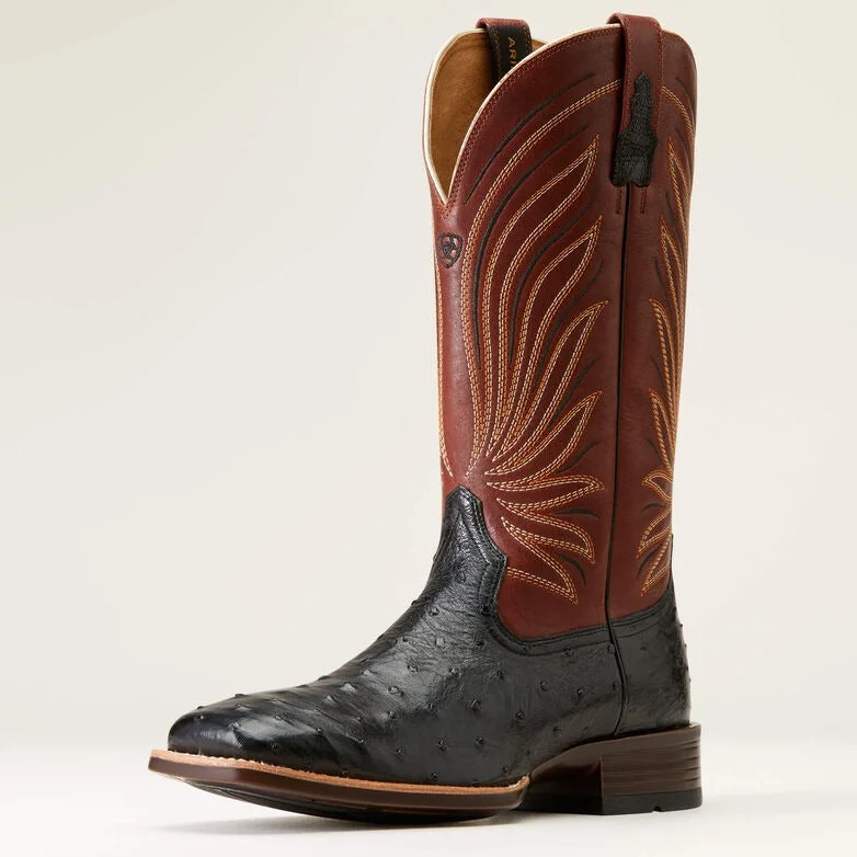 Men's western boots with a leather - wrapped heel and a smooth finishAriat Men's Brandin' Ultra Western Boot in Jet Black Full Quill Ostrich & Roasted Chestnut