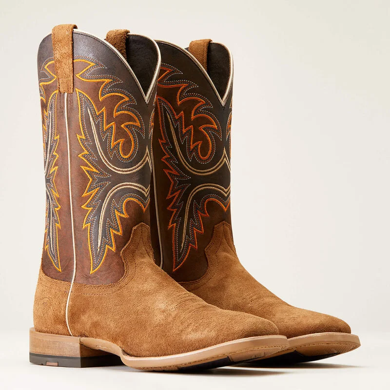 Men's western boots with a decorative concho belt and buckleAriat Men's Brushrider Western Boot in Suntan Roughout