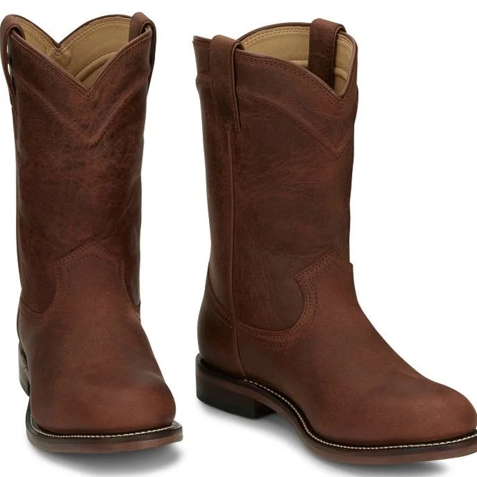 Men's western boots with a suede shaft and a leather soleJustin Men's Braswell Roper in Brown Water Buffalo