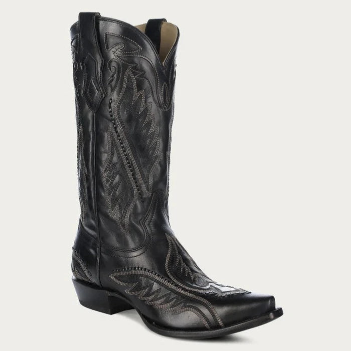 Men's western boots with a leather sole and a heel guardCorral Men's Black-Blue Embriodery Snip Toe Western Boot