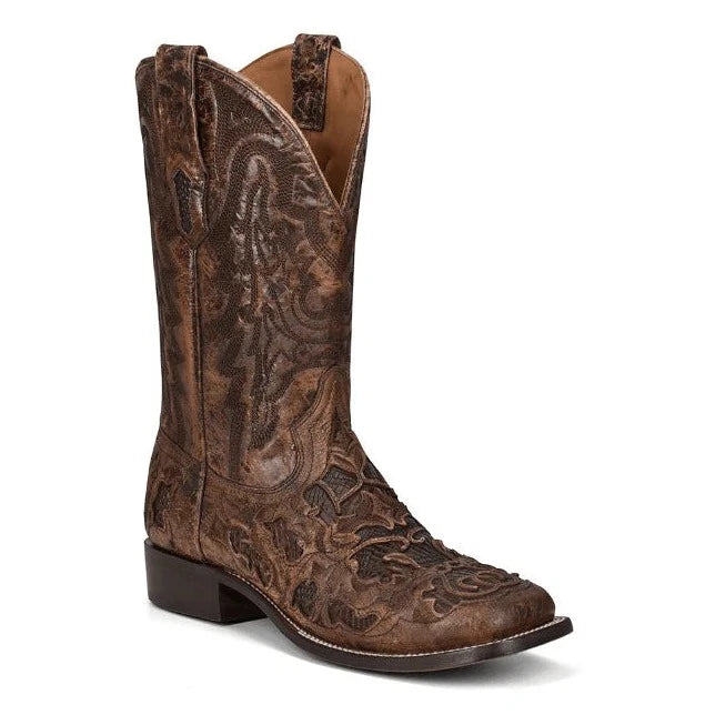 Men's western boots with a leather - wrapped heel and a smooth finishCorral Men's Brown Alligator Inlay & Embroidery Wide Square Toe Western Boot