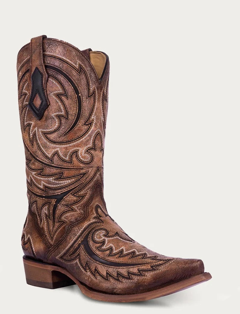 Men's western boots with a high - heeled design and a pointed toeCorral Men's Brown and Black Embroidered Inlay Snip Toe Western Boot