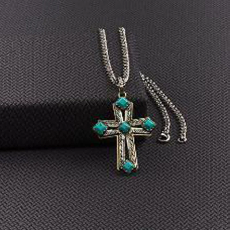 Men's western boots with a scalloped edge and a pull - on strapSilver Strike Men's Cross Turquoise Necklace