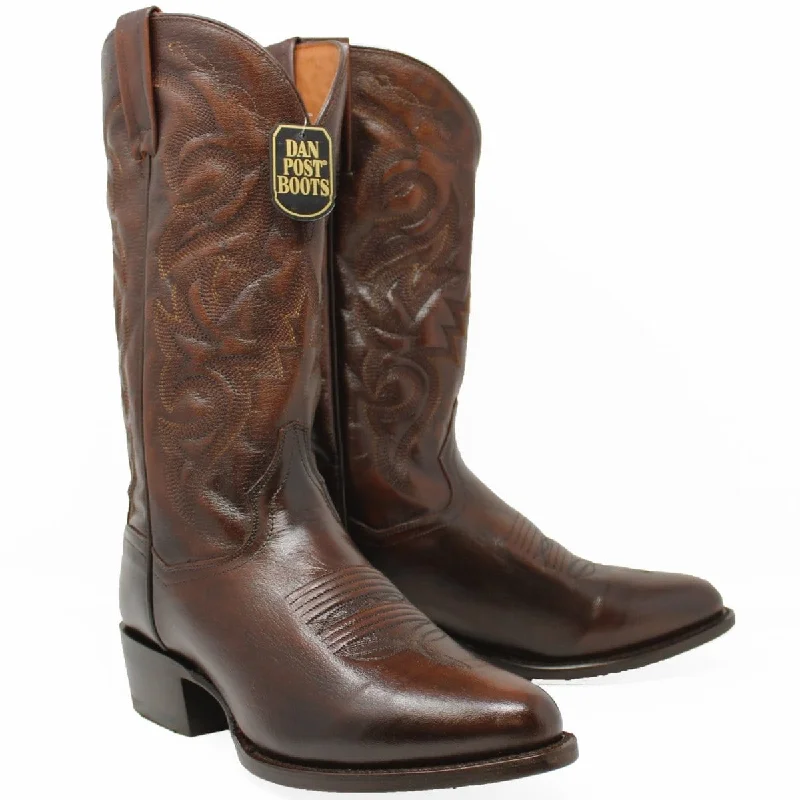 Men's western boots with a concho - studded strap and a pointed toeDan Post Men's Milwaukee Leather Round Toe Boots - Antiquetan Brown