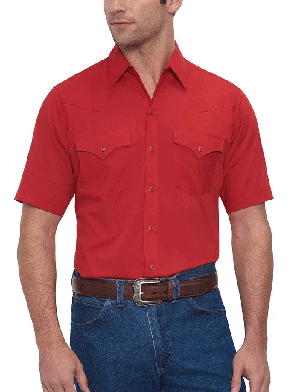 Men's western boots with a leather sole and a heel guardEly Cattleman 15201605-70 Mens Short Sleeve Solid Western Shirt Red