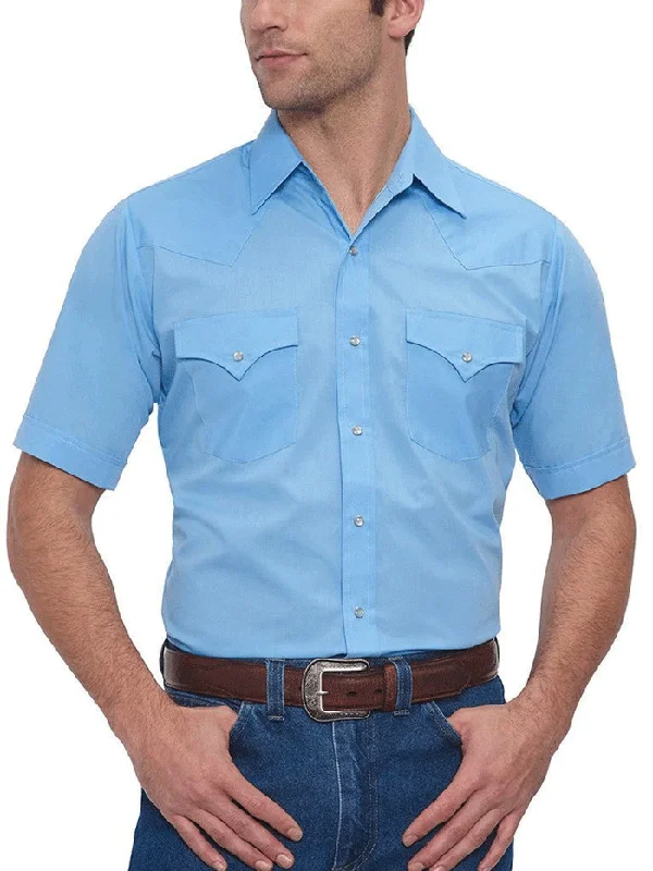 Men's western boots with a decorative concho belt and buckleEly Cattleman 15201605-82 Mens Short Sleeve Solid Western Shirt Light Blue