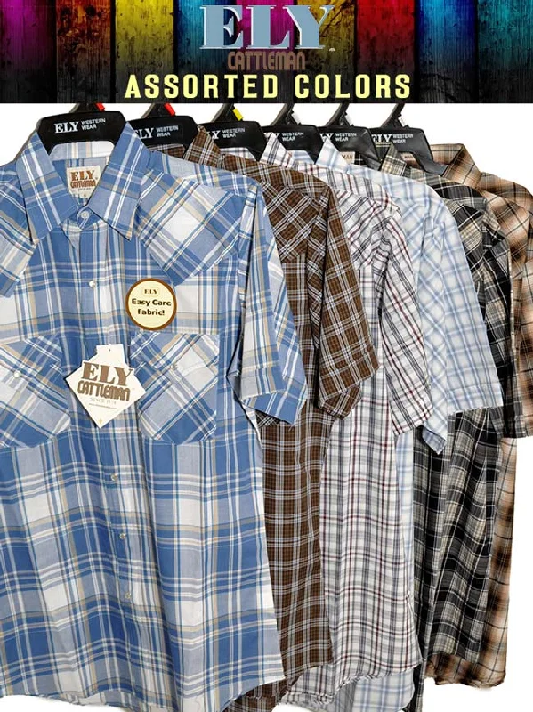 Men's western boots with a rubber sole for traction on various surfacesEly Cattleman 15202607 Mens Western Short Sleeve Plaid Shirt Assorted Colors