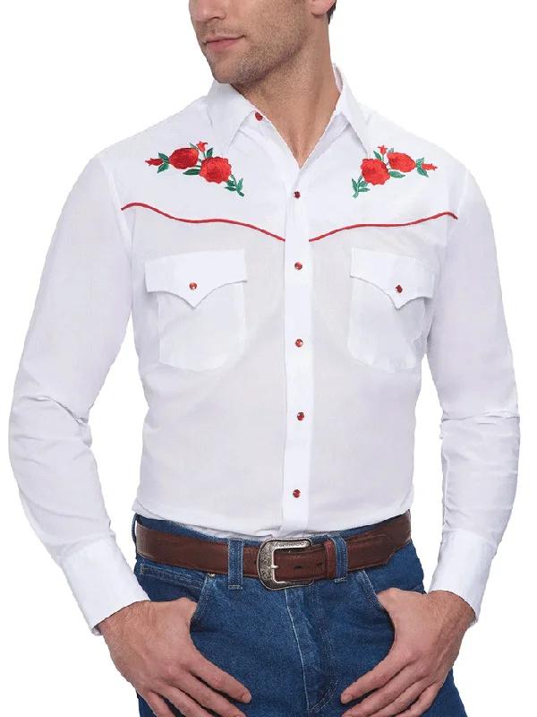 Men's western boots with a concho - studded strap and a pointed toeEly Cattleman 15203901-06 Mens Red Rose Embroidery Long Sleeve Western Shirt White