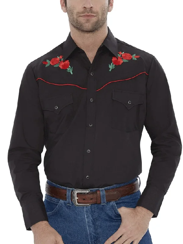 Men's western boots with a distressed leather finish for a rugged lookEly Cattleman 15203901-88 Mens Rose Embroidery Long Sleeve Western Shirt Black