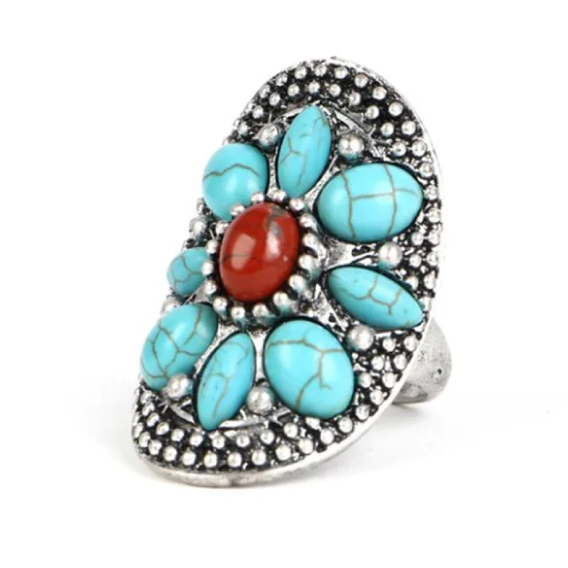 Men's western boots with a traditional western boot silhouette and a polished shineAnd West Flower Turquoise & Red Stone Ring