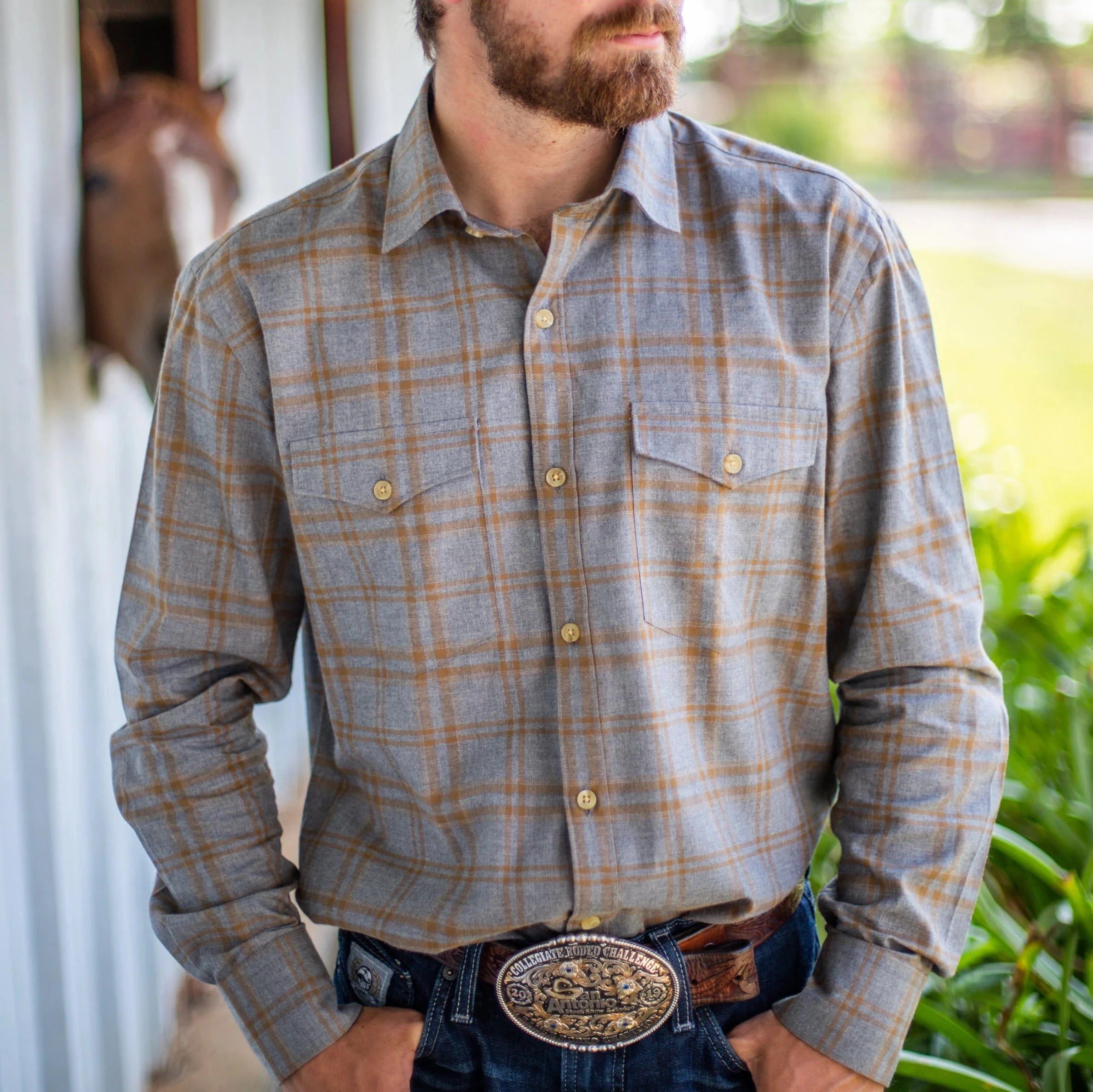 Men's western boots with a silver - toned hardware and accentsFlynt Western Men's Amistad Western Pearl Snap Shirt in Gray Plaid