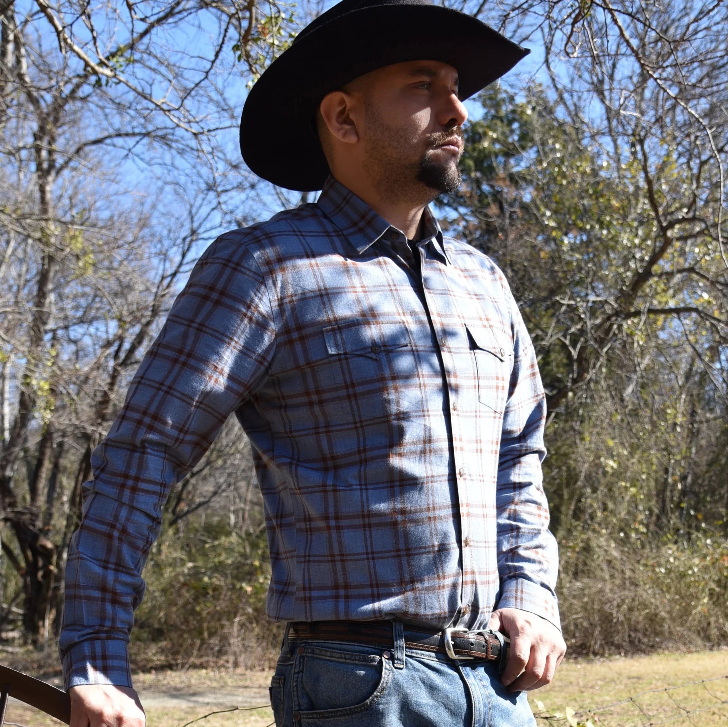 Men's genuine leather western boots with a snake - skin inlayFlynt Western Men's Amistad Western Pearl Snap Shirt in Blue Plaid