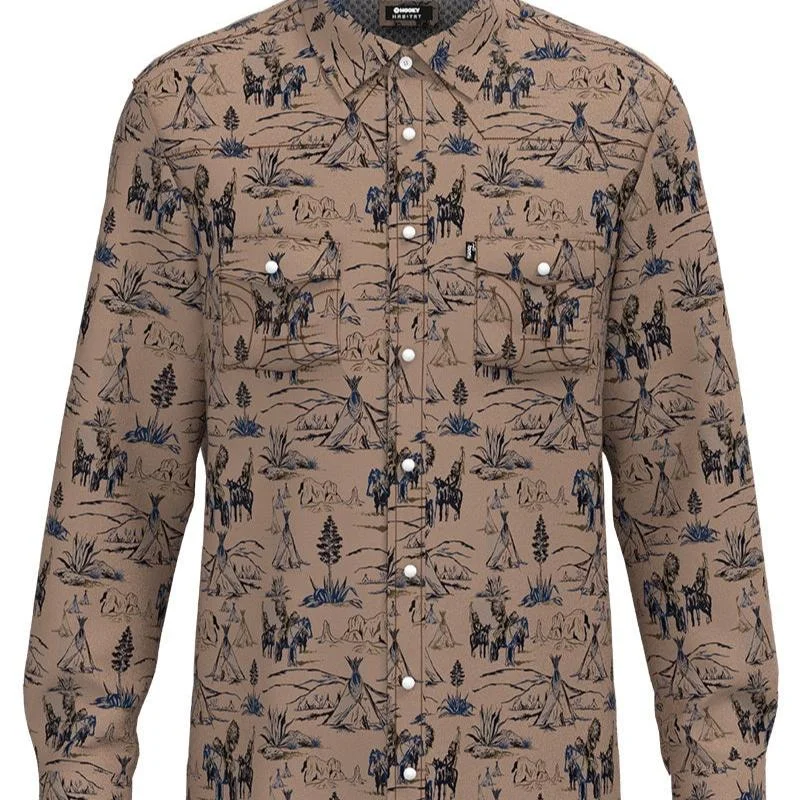 Men's western boots with a high - heeled design and a pointed toeHooey Men's Sol American Indian Print L/S Western Snap Shirt in Tan