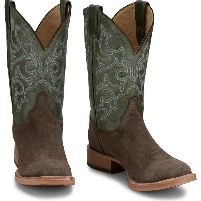 Men's western boots with a silver - toned hardware and accentsJustin Men's Bent Rail Fergus Roughout Western Boot in Chocolate/Antique Green