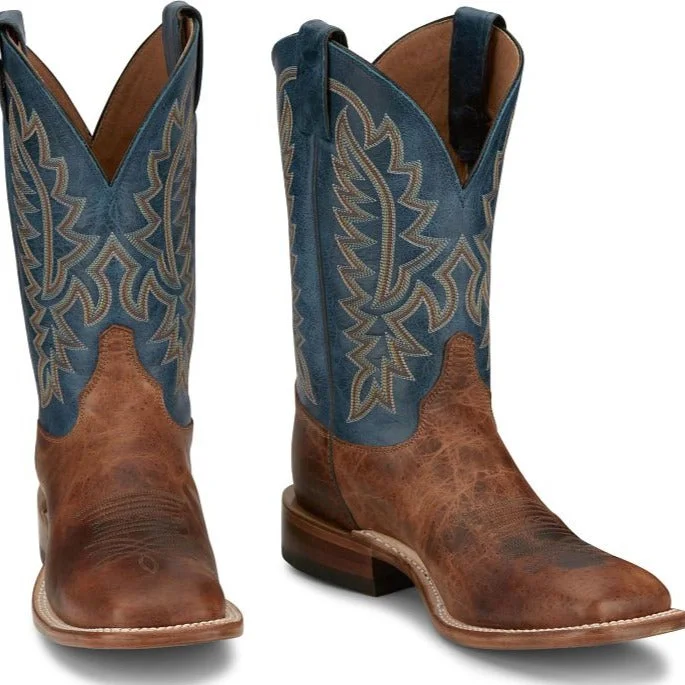 Men's genuine leather western boots with a snake - skin inlayJustin Men's Bent Rail Poston Western Boot in Amber Brown Cowhide/Royal Navy