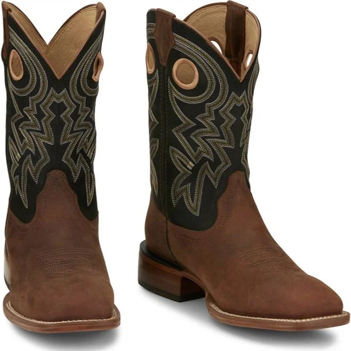 Men's western boots with a leather sole and a heel guardJustin Men's Big News Western Boot in Black & Brown Cowhide