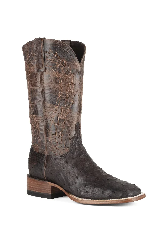 Vintage - style men's western boots with a square toe and spur ledgeAllens Brand - Full Quill Ostrich - Square Toe - Chocolate