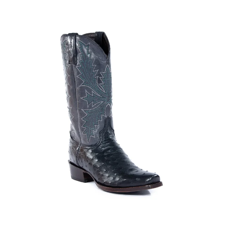 Men's western boots with a concho - studded strap and a pointed toeAllens Brand - Full Quill Ostrich - Black