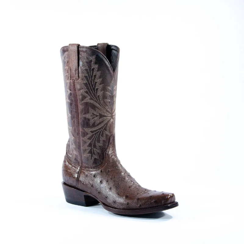 Vintage - style men's western boots with a square toe and spur ledgeAllens Brand - Full Quill Ostrich - Chocolate