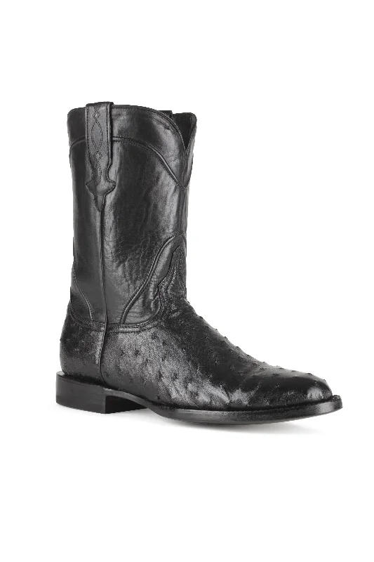 Men's western boots with a scalloped edge and a pull - on strapAllens Brand - Full Quill Ostrich - Roper - Black