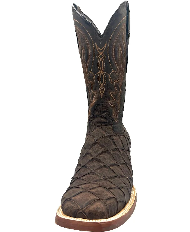 Men's western boots with a distressed leather finish for a rugged lookTanner Mark Men's Nicotine Fish Print Boots