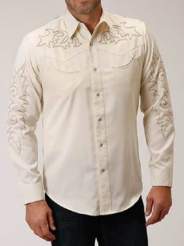 Men's western boots with a high - heeled design and a pointed toeRoper 03-001-0040-0764 Mens Long Sleeve Embroidery Old West Collection White