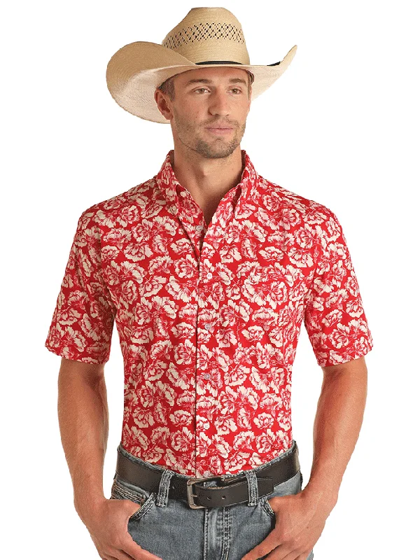 Vintage - style men's western boots with a square toe and spur ledgePanhandle 37D3176 Mens Floral Short Sleeve Button Shirts Scarlet Red