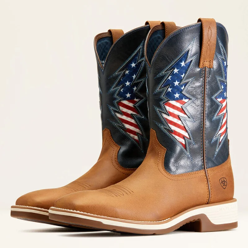 Men's western boots with a leather sole and a heel guardAriat Men's Ridgeback VentTek Red, White & Blue Boots