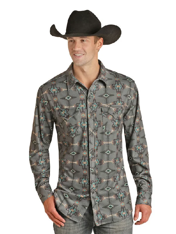 Men's western boots with a scalloped edge and a pull - on strapRock & Roll Denim RRMSOBR09Q Mens Aztec Button Up Shirt Dark Grey