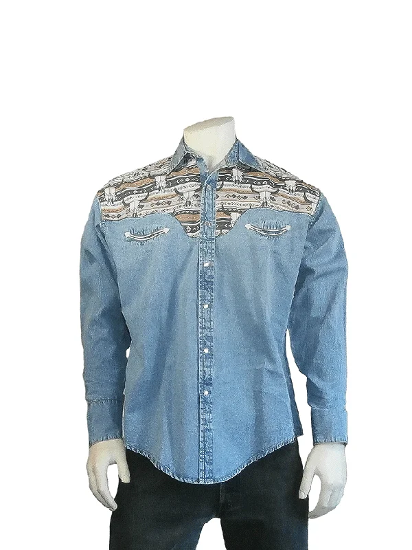 Men's western boots with a leather lining and a padded insoleRockmount 6721-D Mens Vintage 2-Tone Steer Skull Embroidery Western Shirt Denim