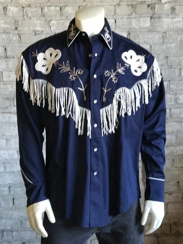 Men's western boots with a high - heeled design and a pointed toeRockmount 6723-NVY Mens Vintage Fringe Embroidered Western Shirt Navy