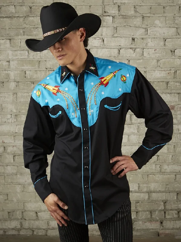 Men's western boots with a decorative inlay on the toe and heelRockmount 6726 Mens 2 Tone Space Cowboy Embroidered Western Shirt Black Turquoise