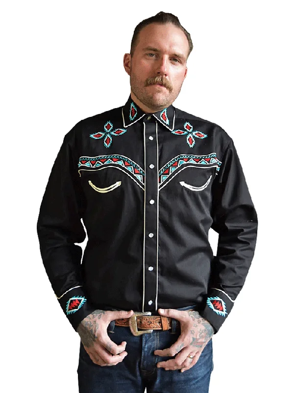 Men's western boots with a concho - studded strap and a pointed toeRockmount 6860 Mens Native Pattern Embroidery Western Shirt Black