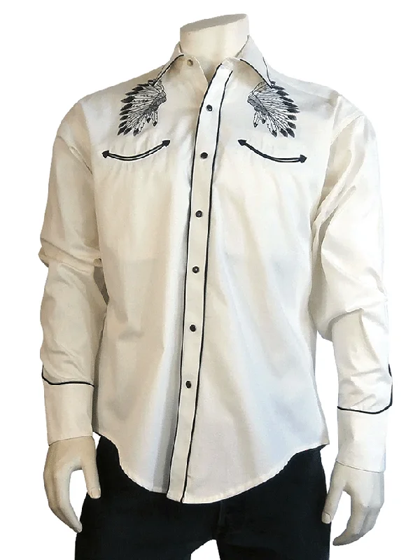 Men's western boots with a silver - toned hardware and accentsRockmount 6874 Mens Gabardine Warbonnet Embroidery Western Shirt Ivory