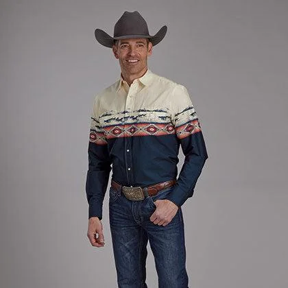 Western - style men's boots with intricate tooling and stitchingRoper Vintage Men's L/S Open Range Western Snap Shirt in Blue & Cream