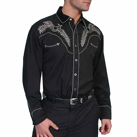 Men's western boots with a suede shaft and a leather soleScully Men's Embroidered Boot Stitch Western Snap Shirt in Black