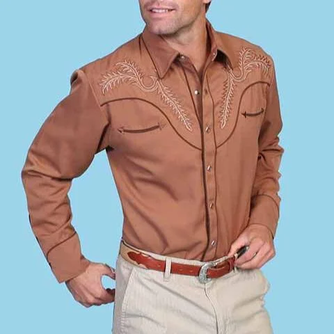 Men's western boots with a concho - studded strap and a pointed toeScully Men's Embroidered Boot Stitch Western Snap Shirt in Brown